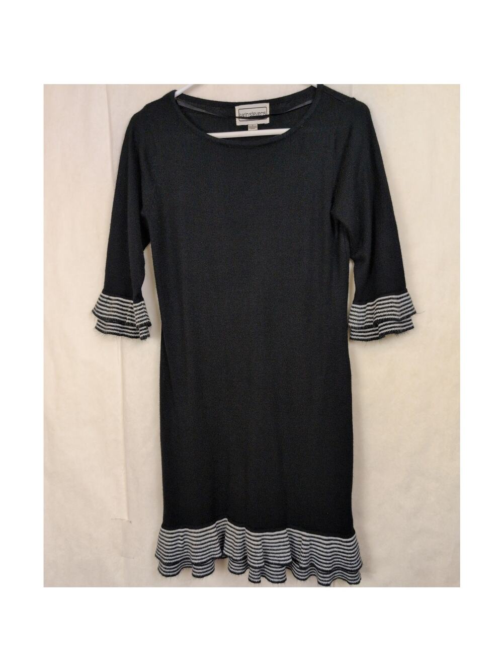 Vintage Karin Stevens black striped ruffled knit dress Size Small Preppy Retro